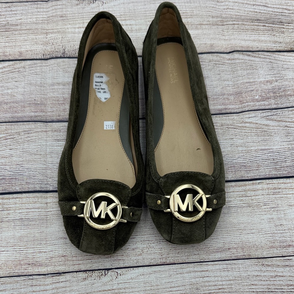 Michael Kors Dark Green Suede Flats with Gold Logo